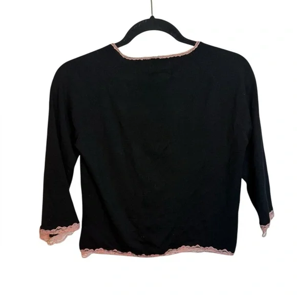 Ice Vintage Y2K Black Silk Baby Pink Lace Trim Cardigan - Picture 2 of 4